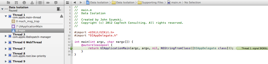 Screenshot of Xcode during SIGKILL